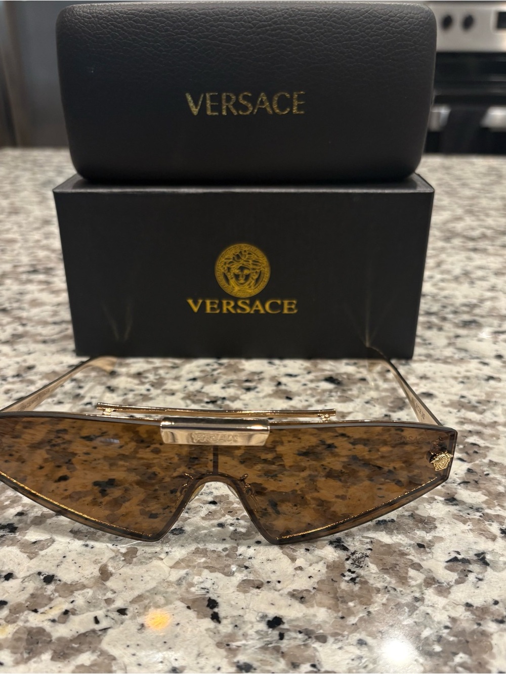Versace Gold Frame Brown Shield Sunglasses with Logo Accent